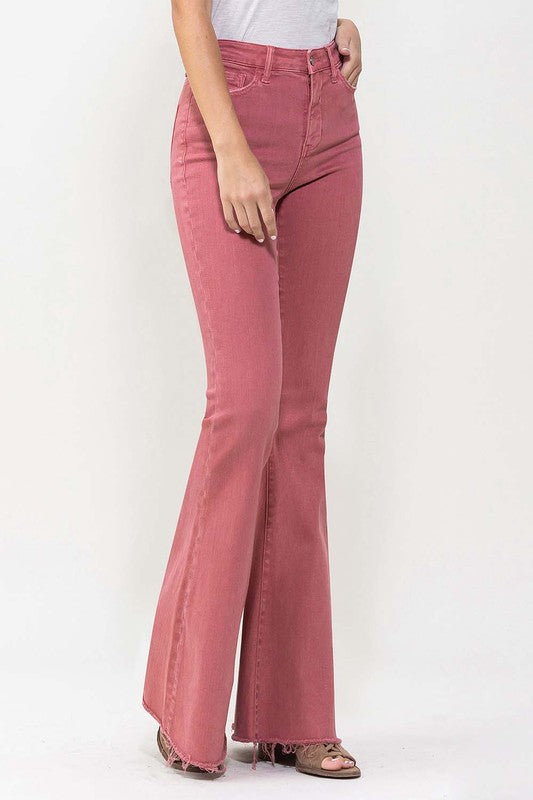 VERVET Mineral Red High Rise Frayed Hem Zipper Fly Super Flare Jeans