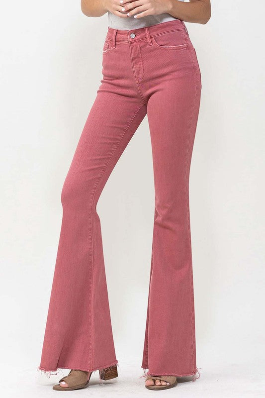 VERVET Mineral Red High Rise Frayed Hem Zipper Fly Super Flare Jeans