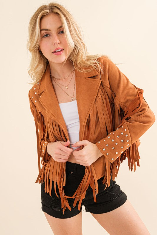 BLUE B Long Sleeves Studded Fringe Open Western Jacket