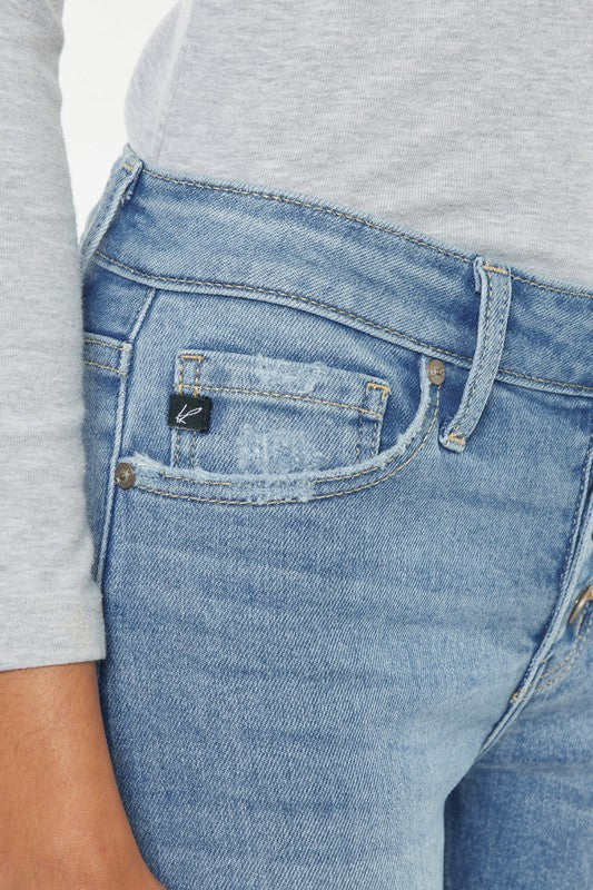 KANCAN Mid Rise Frayed Hem Button Fly Capri Jeans