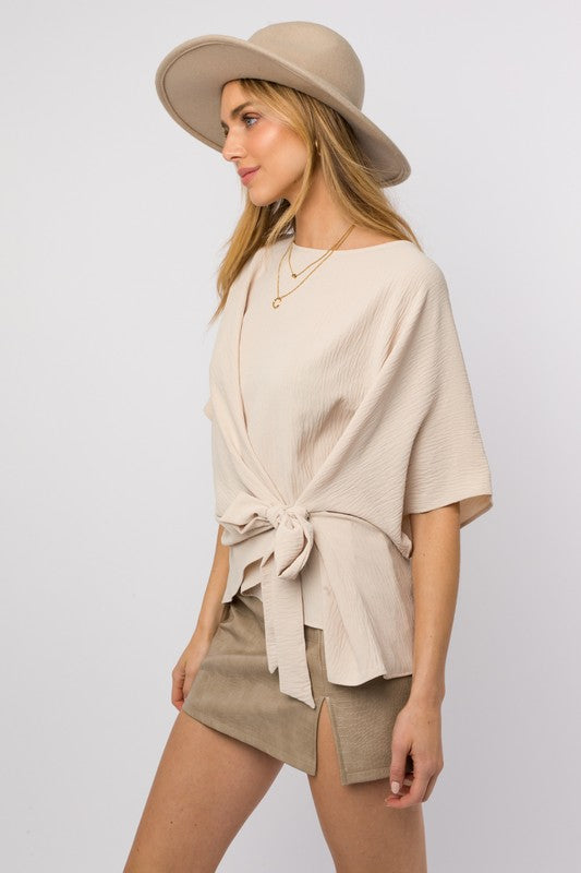 Gilli 3/4 Sleeves Side Tie Round Neck Relaxed Fit Blouse