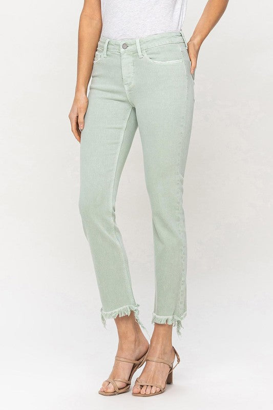 VERVET Mint Mid Rise Frayed Hem Zipper Fly Cropped Straight Jeans