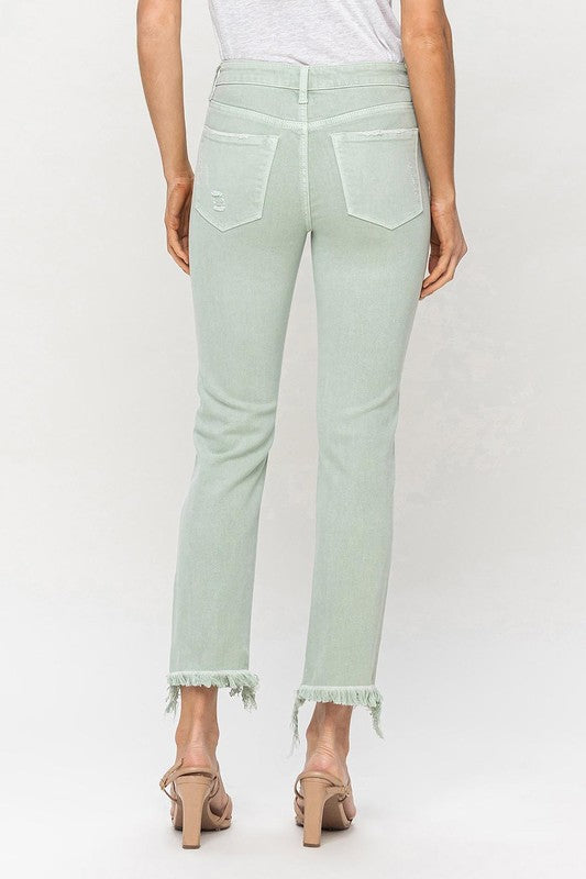 VERVET Mint Mid Rise Frayed Hem Zipper Fly Cropped Straight Jeans