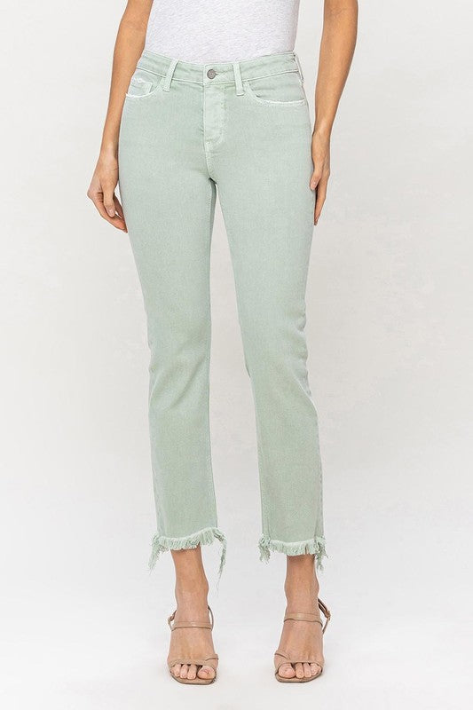 VERVET Mint Mid Rise Frayed Hem Zipper Fly Cropped Straight Jeans