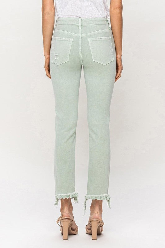 VERVET Mint Mid Rise Frayed Hem Zipper Fly Cropped Straight Jeans