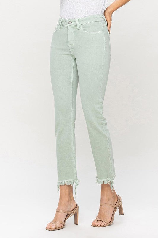 VERVET Mint Mid Rise Frayed Hem Zipper Fly Cropped Straight Jeans