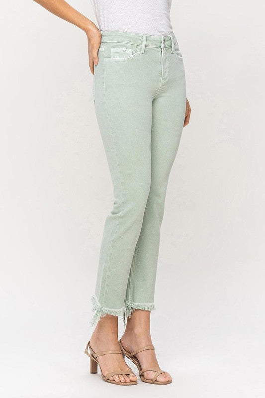 VERVET Mint Mid Rise Frayed Hem Zipper Fly Cropped Straight Jeans