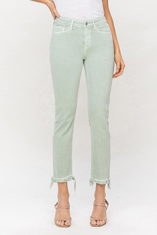 VERVET Mint Mid Rise Frayed Hem Zipper Fly Cropped Straight Jeans