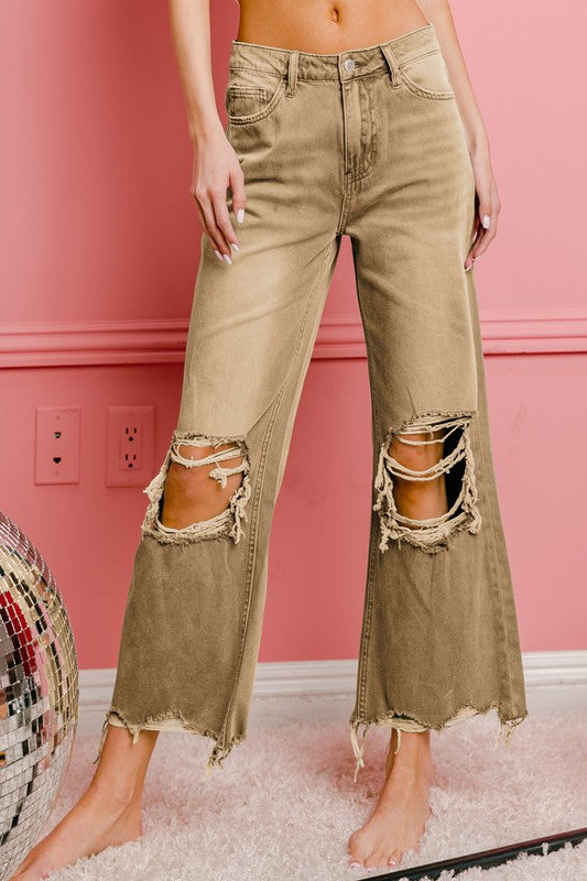 BiBi High Rise Distressed Vintage Washed Ankle Wide Leg Jeans