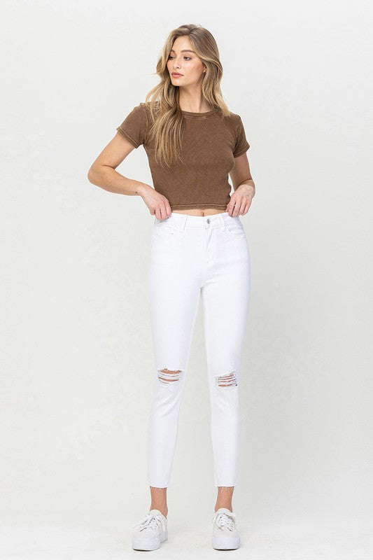 VERVET Thrilled High Rise Distressed Cropped Skinny Jeans with Pockets in White