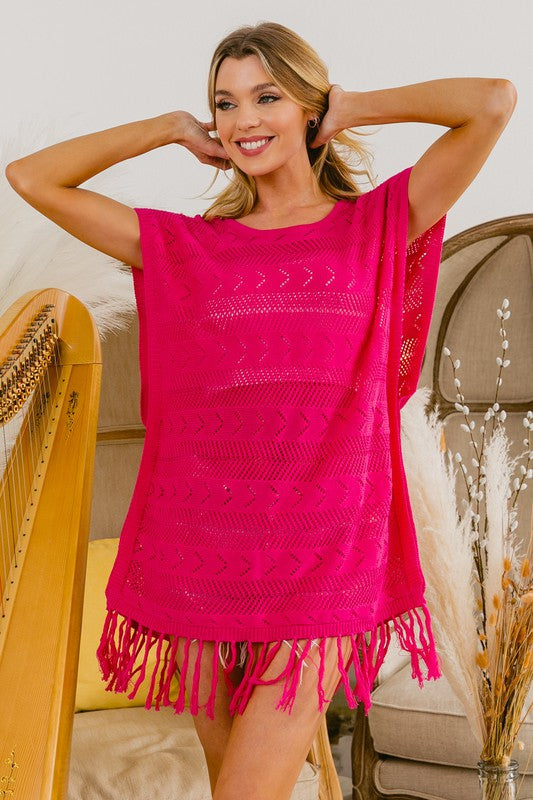 BiBi Fringed Hem Round Neck Sleeveless Open Knit Cover Up Top | Fuchsia