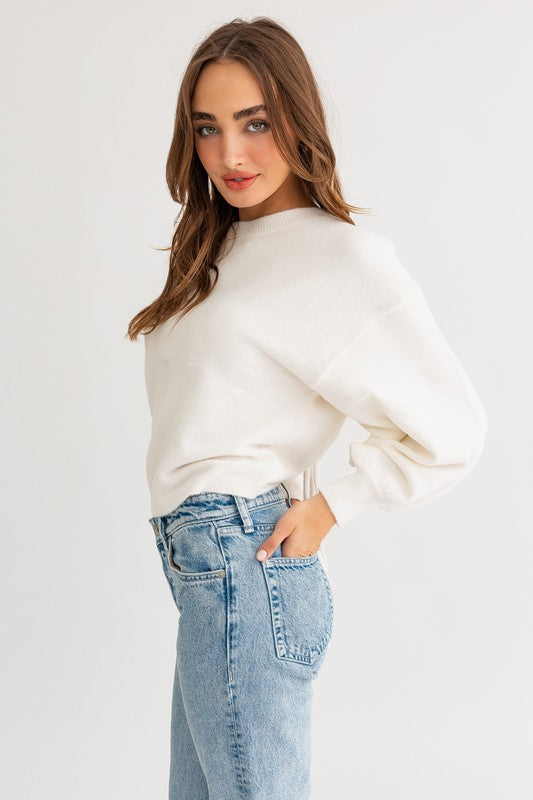 LE LIS Fuzzy Long Sleeves Back Ruching Detail Crewneck Sweater