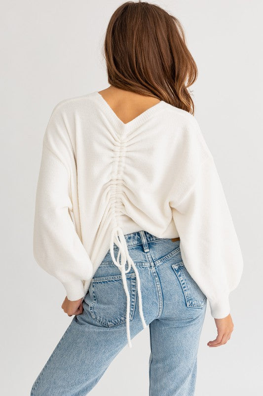 LE LIS Fuzzy Long Sleeves Back Ruching Detail Crewneck Sweater