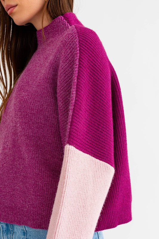 LE LIS Color Block Long Sleeves Oversized Cropped Sweater