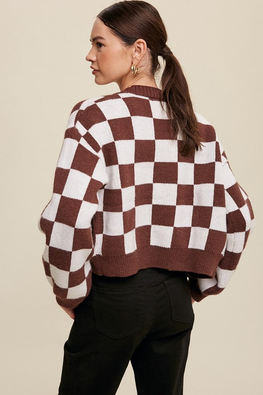 Listicle Bold Gingham Sweater Weaved Cropped Cardigan