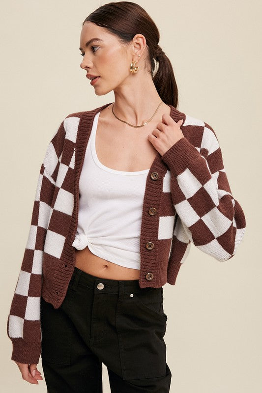 Listicle Bold Gingham Sweater Weaved Cropped Cardigan