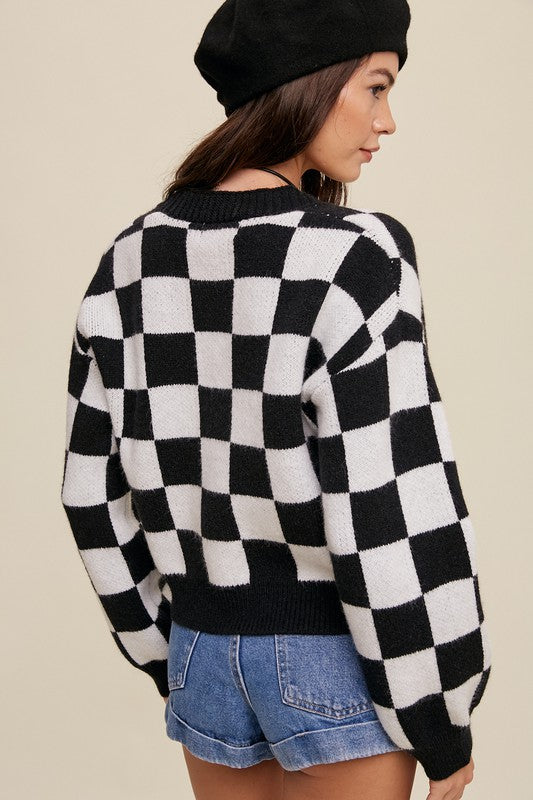 Listicle Bold Gingham Sweater Weaved Cropped Cardigan