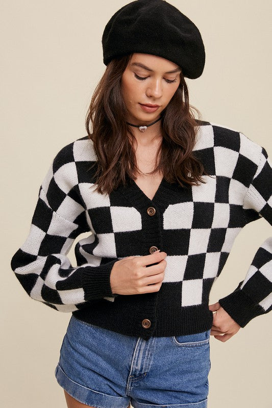 Listicle Bold Gingham Sweater Weaved Cropped Cardigan