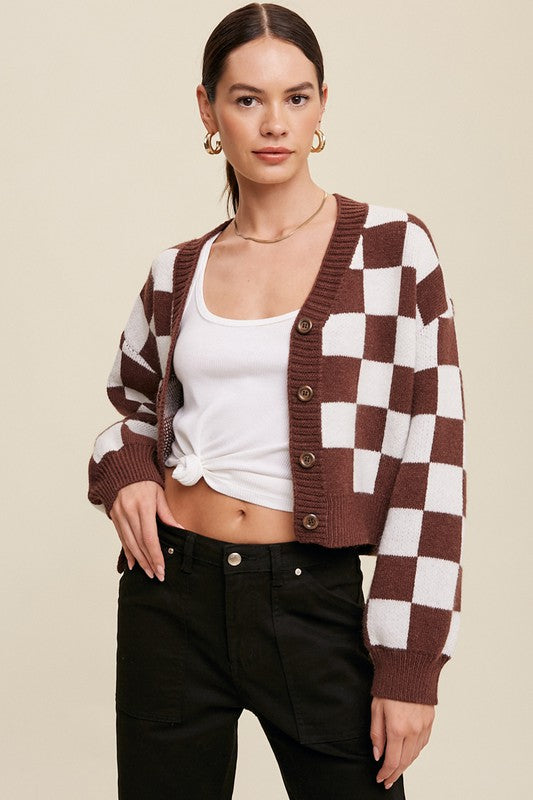 Listicle Bold Gingham Sweater Weaved Cropped Cardigan