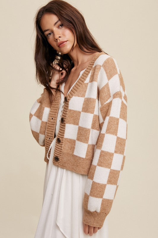 Listicle Bold Gingham Sweater Weaved Cropped Cardigan