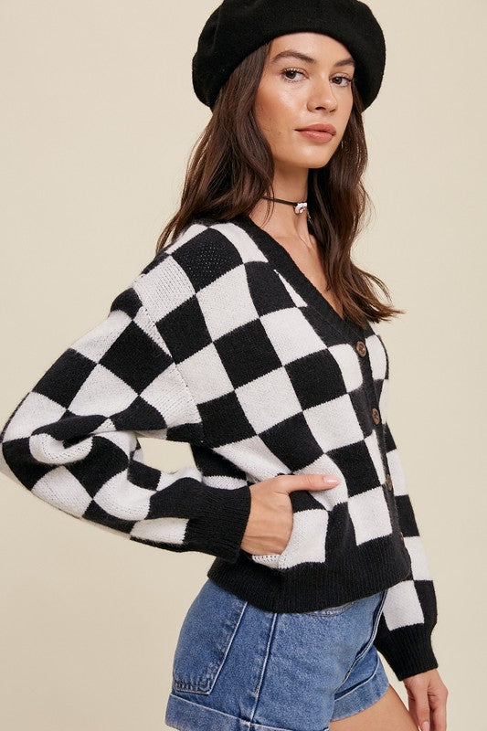 Listicle Bold Gingham Sweater Weaved Cropped Cardigan