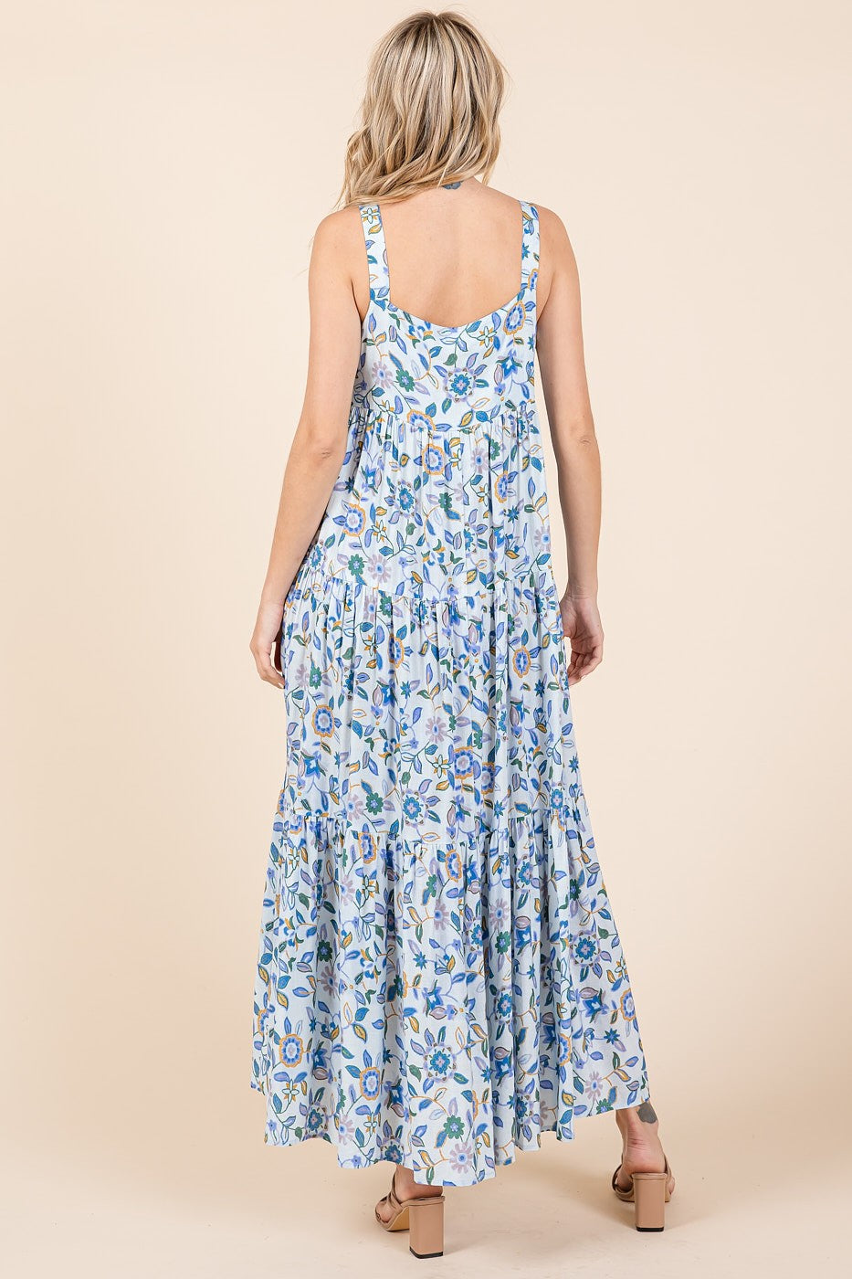 Mittoshop Flower Print Tiered Square Neck Sleeveless Empire Maxi Dress | Blue