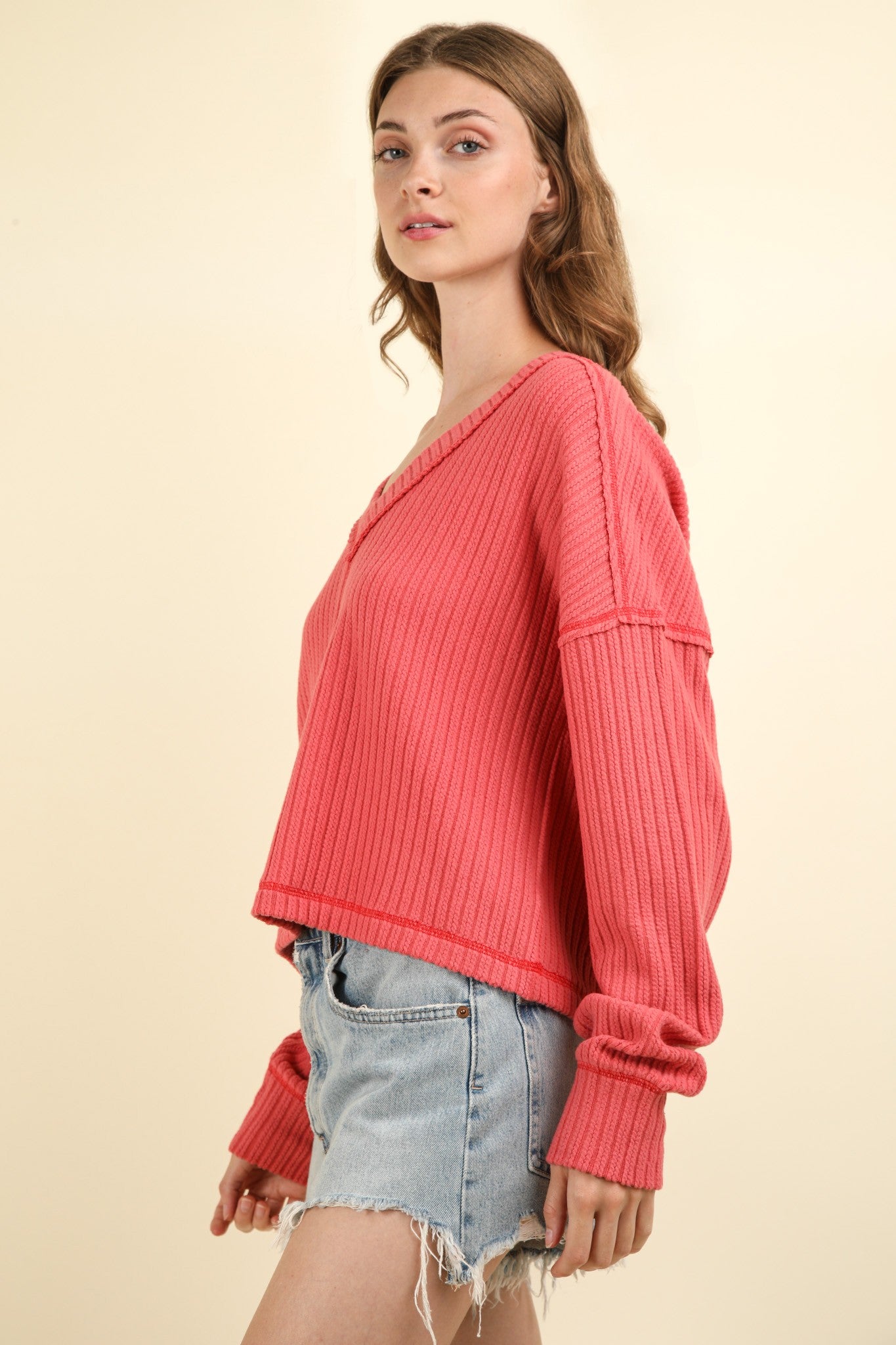 VERY J Exposed Seam V-Neck Long Sleeves Relaxed Fit Soft Ribbed Knit Top | Ecru