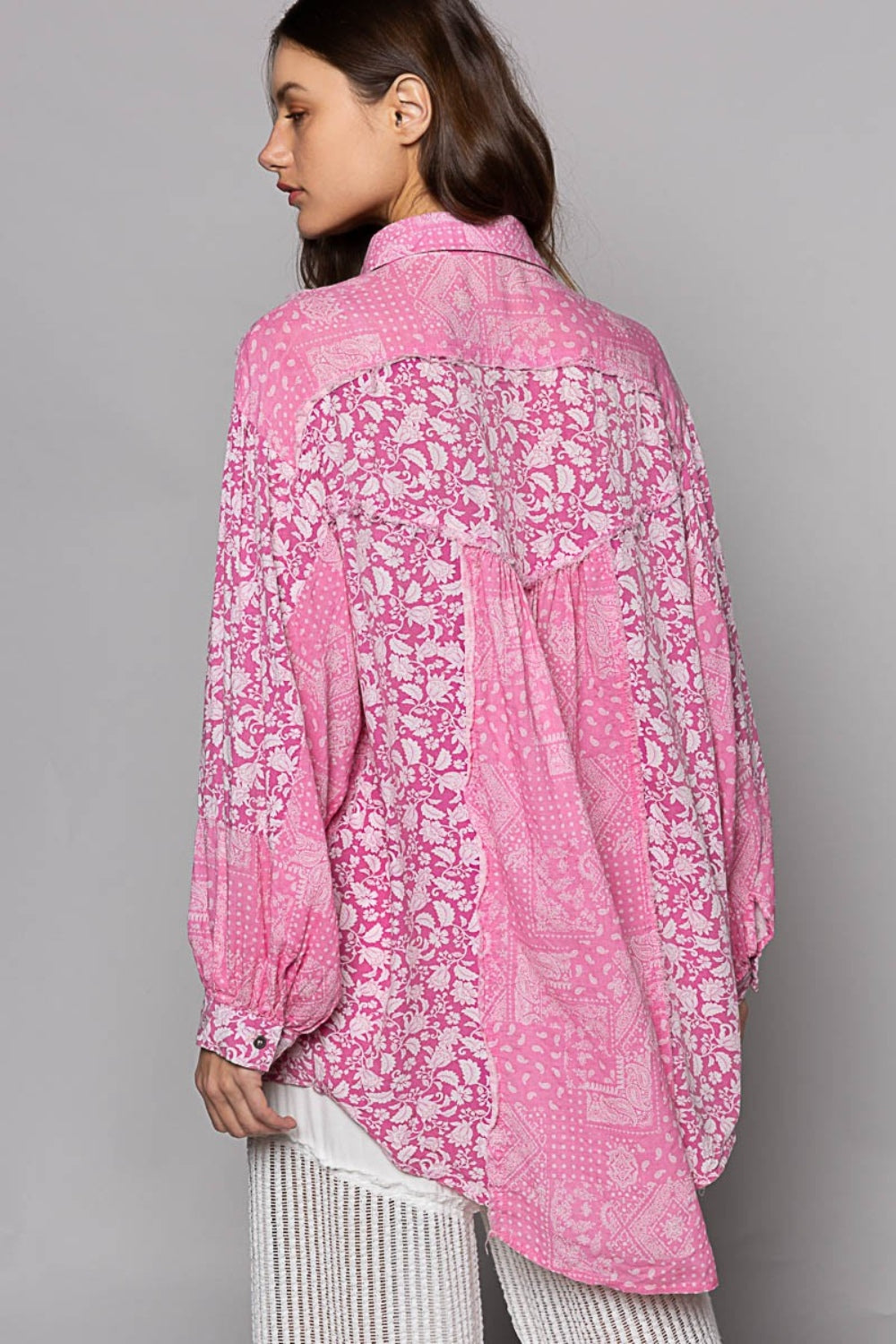 POL Button Down Long Sleeves Paisley Pattern High-Low Hem Oversized Shirt | Pink