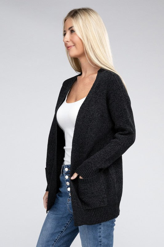 ZENANA Melange Open Front Sweater Cardigan with Pockets