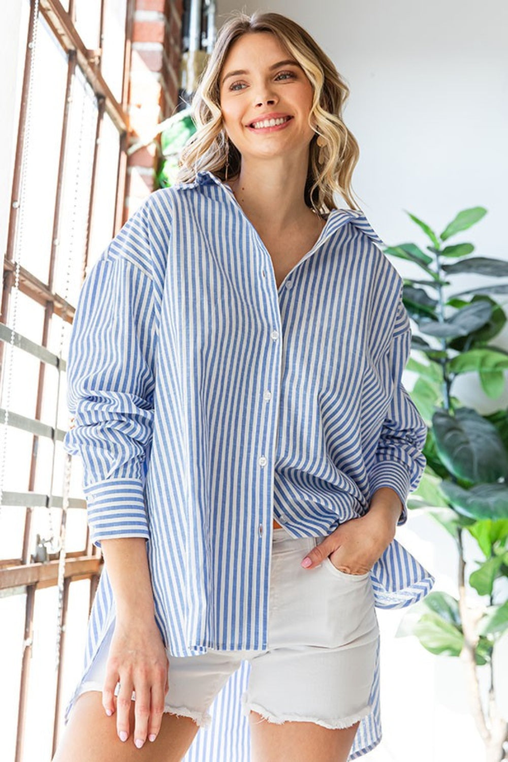 First Love Striped Button Down High-Low Hem Long Sleeves Oversized Shirt | Blue