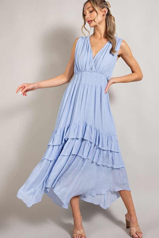 EESOME Sleeveless V-Neckline Ruffle Asymmetrical Hem Maxi Dress