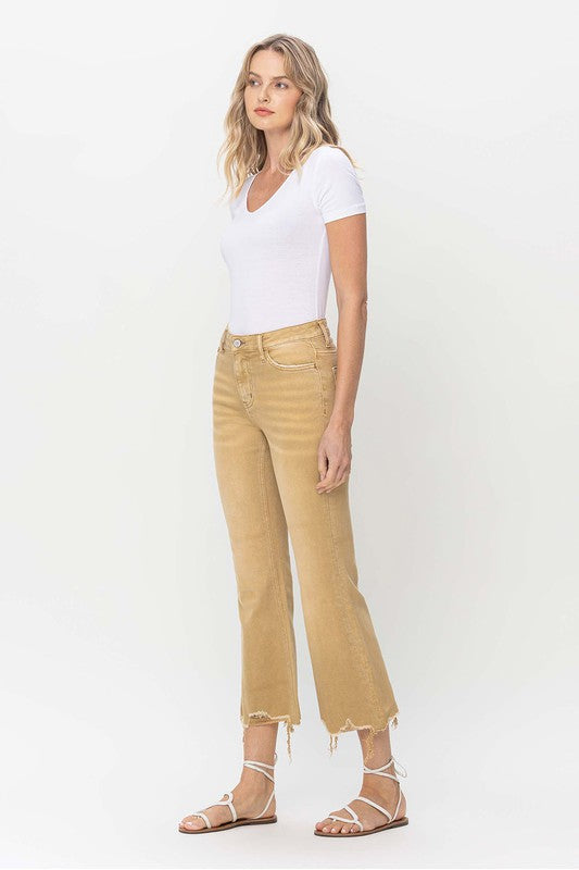 VERVET Croissant Vintage High Rise Frayed Hem Khaki Cropped Flare Jeans