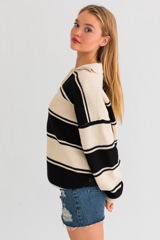 LE LIS Collared Striped Pattern Long Sleeves Oversized Sweater