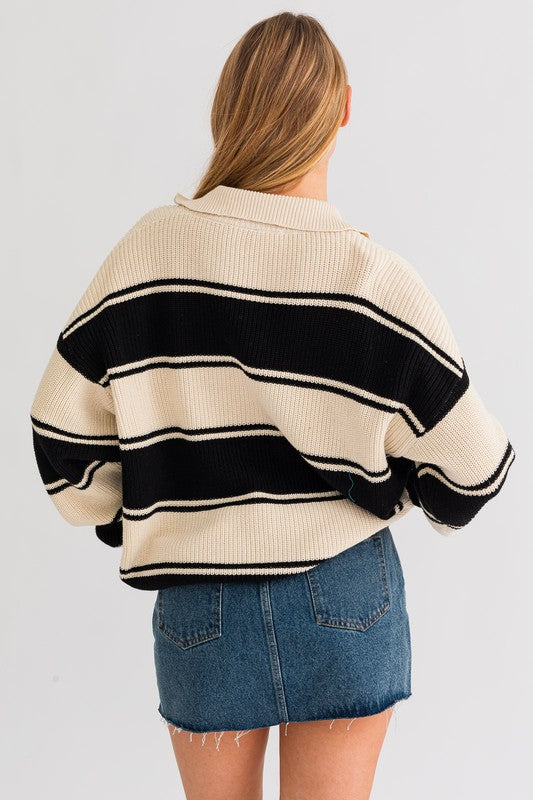LE LIS Collared Striped Pattern Long Sleeves Oversized Sweater
