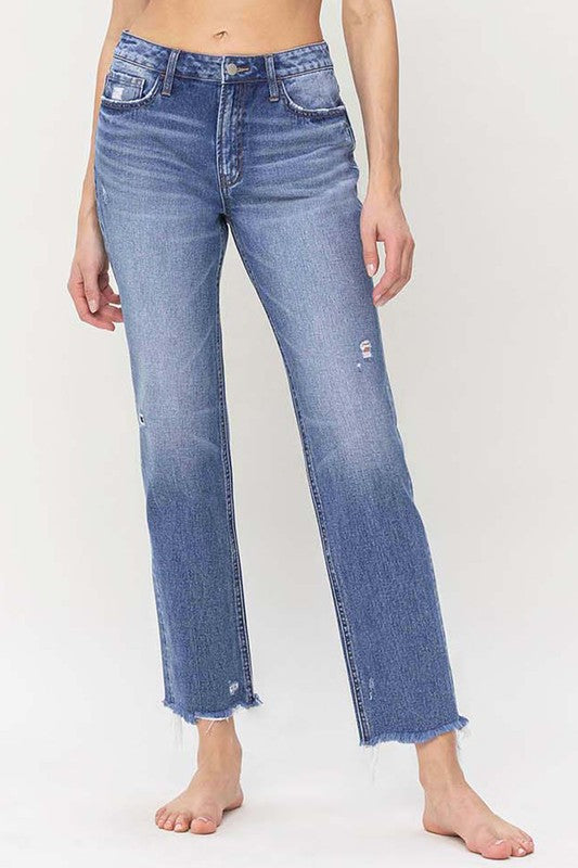 Flying Monkey Famous High Rise Raw Hemline Distressed Straight Jeans
