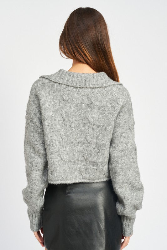 EMORY PARK Long Sleeves Collared Cable Knit Boxy Sweater