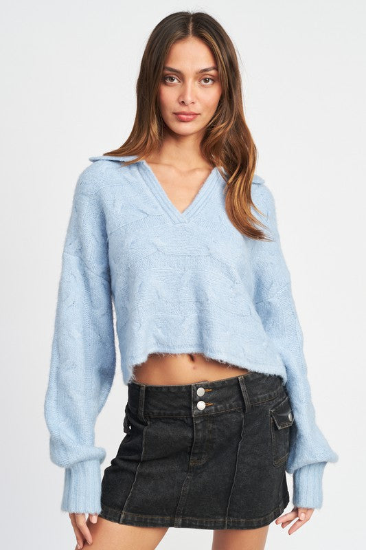 EMORY PARK Long Sleeves Collared Cable Knit Boxy Sweater