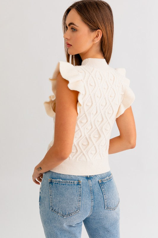 LE LIS Mock Neck Ruffle Sleeves Cable Knit Sweater Vest