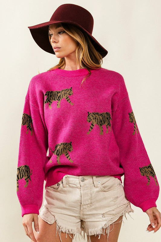 BiBi Relaxed Fit Tiger Pattern Long Sleeves Pullover Sweater