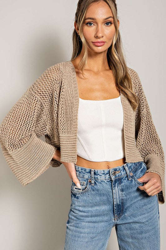 EESOME Eyelet Knit Long Sleeves Open Front Cropped Cardigan