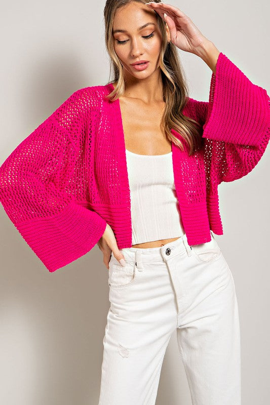 EESOME Eyelet Knit Long Sleeves Open Front Cropped Cardigan