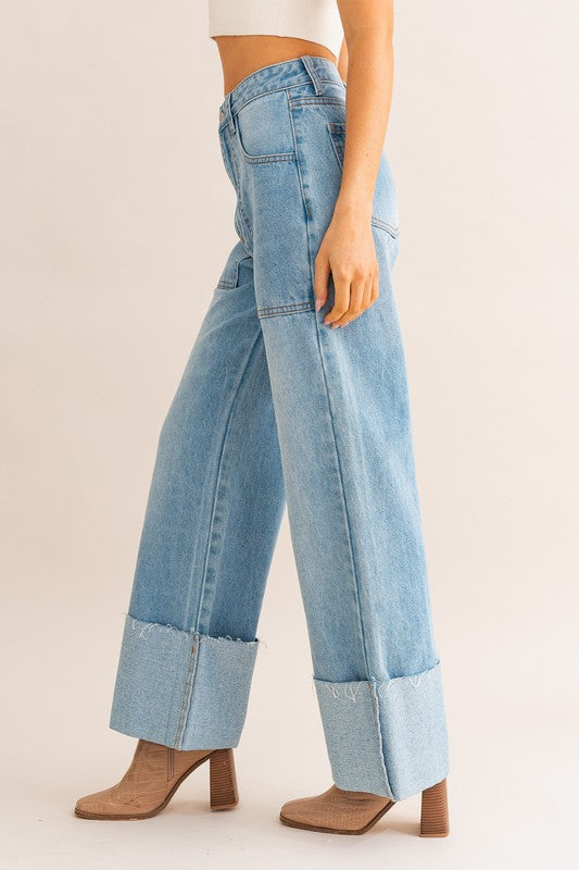 LE LIS High Waisted Light Wash Zipper Fly Wide Leg Cuffed Denim Jeans