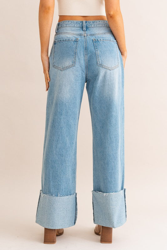 LE LIS High Waisted Light Wash Zipper Fly Wide Leg Cuffed Denim Jeans