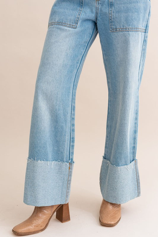 LE LIS High Waisted Light Wash Zipper Fly Wide Leg Cuffed Denim Jeans