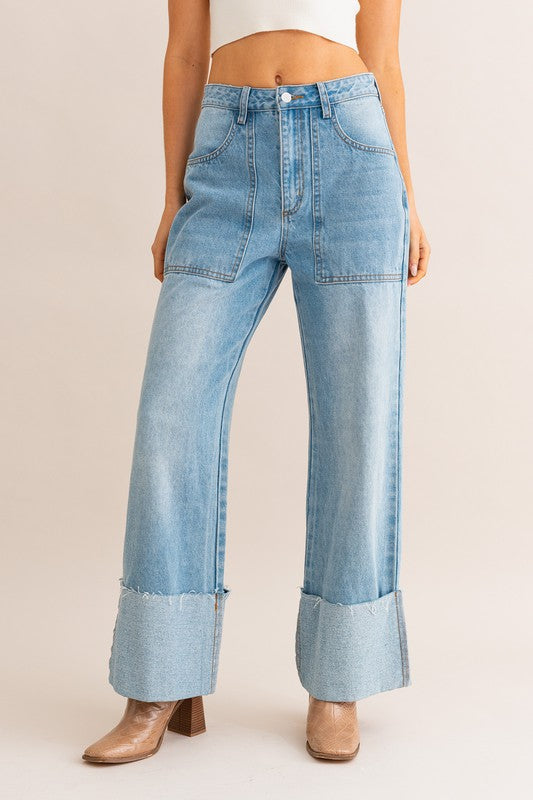 LE LIS High Waisted Light Wash Zipper Fly Wide Leg Cuffed Denim Jeans