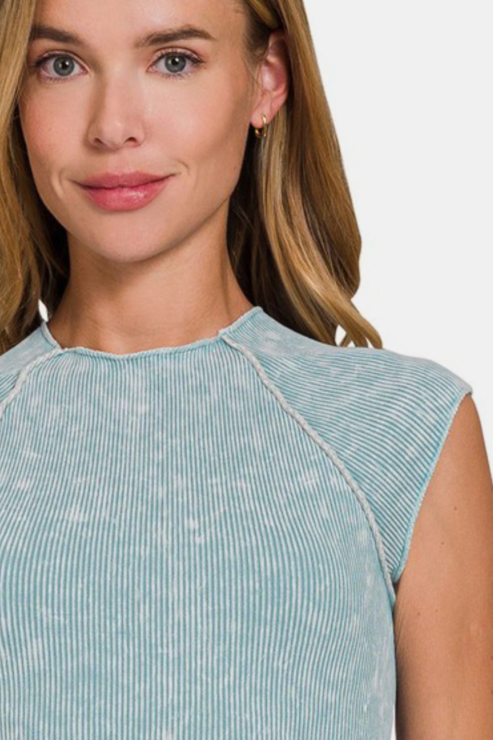 Zenana Stone Washed Ribbed Round Neck Raglan Sleeves Cropped Top | Blue Grey