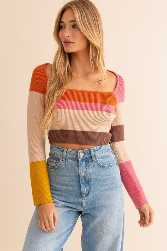 LE LIS Long Sleeves Color Block Stripe Cropped Knit Top