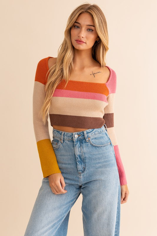 LE LIS Long Sleeves Color Block Stripe Cropped Knit Top