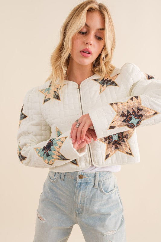 Blue B Quilted Multi Star Long Sleeves Padded Western Cropped Jacket