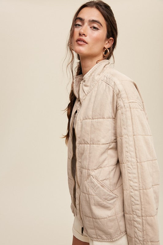 Listicle Quilted Long Sleeves Front Zip Up Denim Jacket